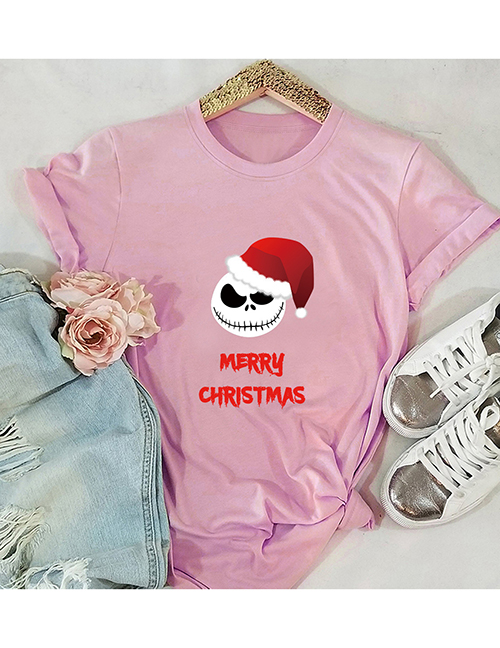 Fashion Pink Christmas Grimace Print Round Neck Short-sleeved Top