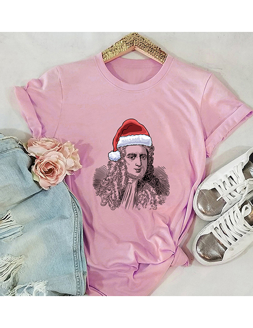 Fashion Pink Christmas Portrait Print Round Neck Short Sleeve Top