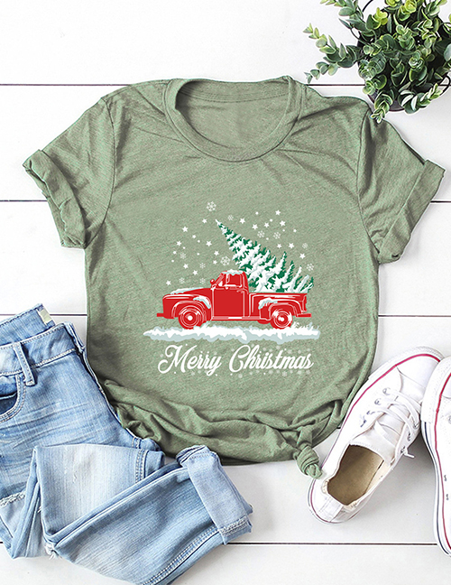Fashion Armygreen Christmas Car Christmas Tree Print Round Neck Short-sleeved Top