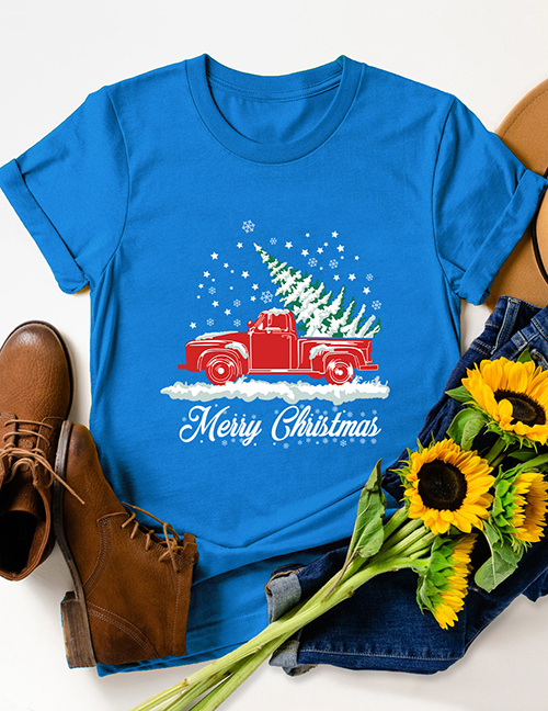 Fashion Princess Blue Christmas Car Christmas Tree Print Round Neck Short-sleeved Top