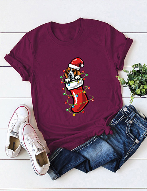 Fashion Red Wine Christmas Sock Print Round Neck Short-sleeved Top