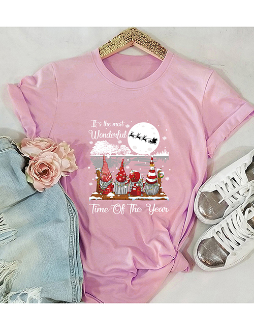 Fashion Pink Santa Print Crew Neck Short Sleeve Top