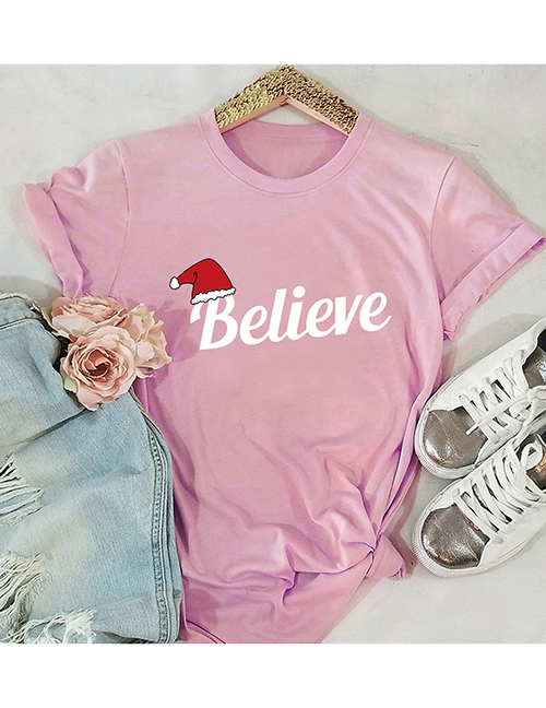 Fashion Pink Christmas Letter Word Short Sleeve T-shirt