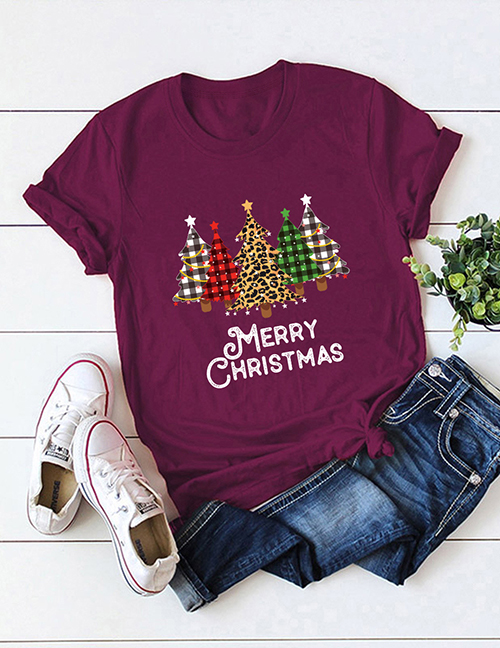 Fashion Red Wine Christmas Tree Print Round Neck Short Sleeve Top