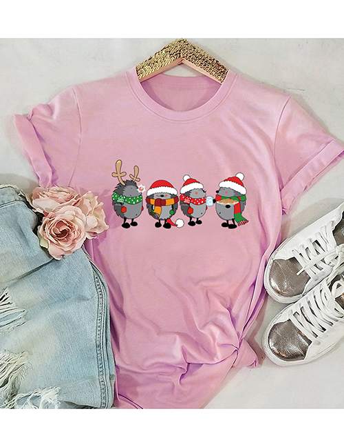 Fashion Pink Christmas Animal Print Crew Neck Top