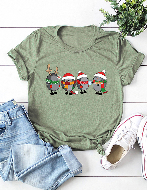 Fashion Armygreen Christmas Animal Print Crew Neck Top