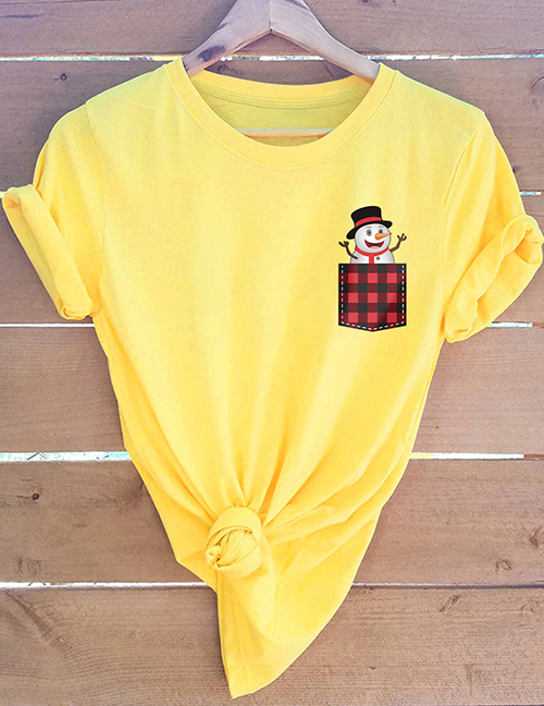 Fashion Yellow Christmas Snowman Pocket Crew Neck Top