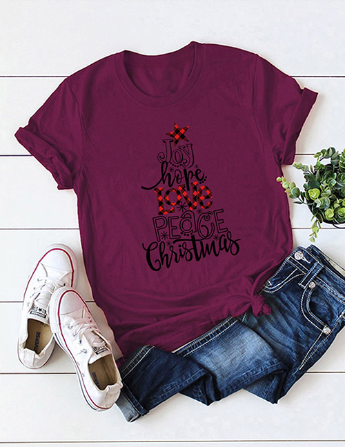 Fashion Red Wine Christmas Tree Print Crew Neck Top