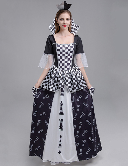 Fashion Black And White Halloween Checkerboard Color Matching Dress