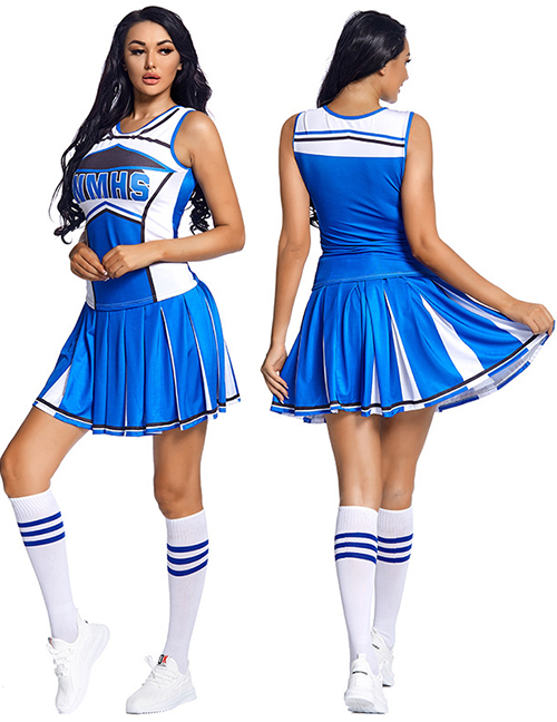 Fashion Blue Sleeveless Letter Top Pleated Skirt Adult Set