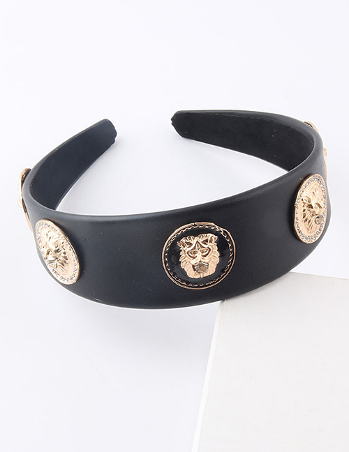 Fashion Black Broadband Leather Lion Head Diamond Headband