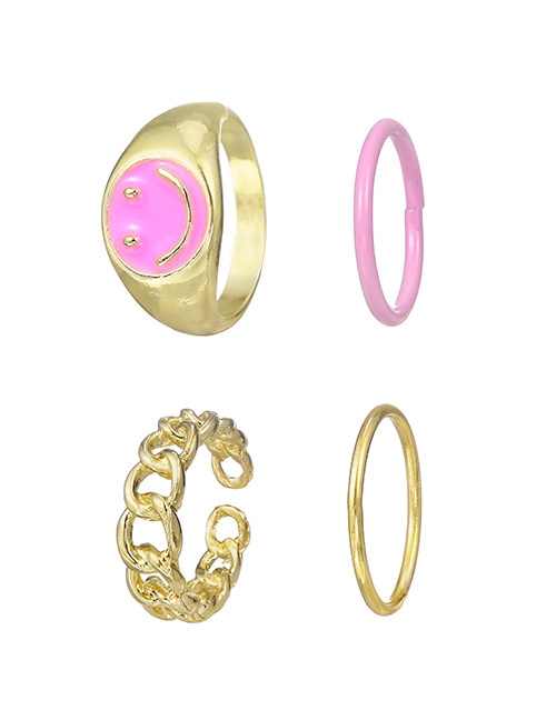 Fashion Pink Alloy Drip Oil Smiley Face Ring Set