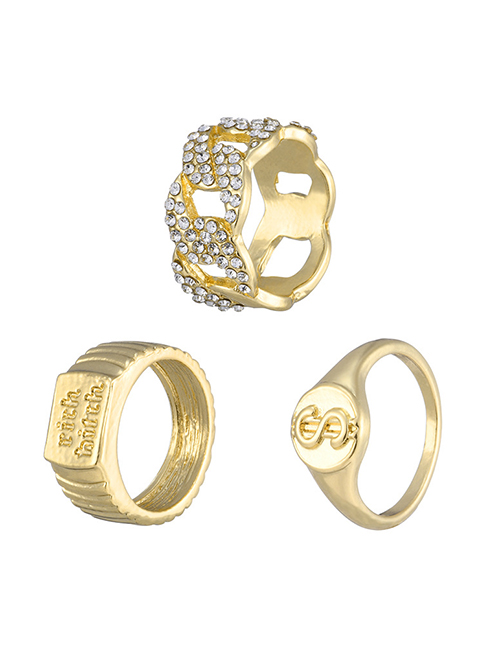 Fashion Gold Color Three-piece Alloy Diamond Letter Hollow Ring Set