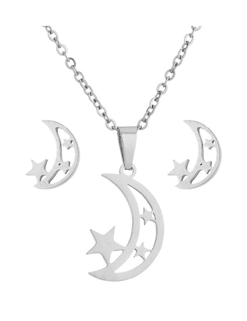 Fashion Silver Color Stainless Steel Hollow Star And Moon Set Earrings And Necklace Set