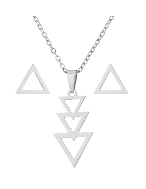 Fashion Silver Color Stainless Steel Geometric Triangle Earrings Necklace Set