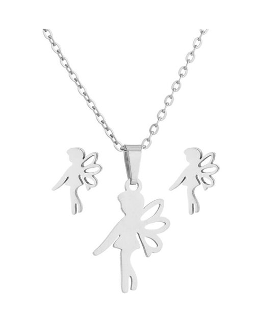 Fashion Silver Color Stainless Steel Angel Stud Necklace Set