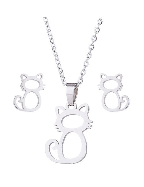 Fashion Silver Color Stainless Steel Hollow Cat Earrings Necklace Set