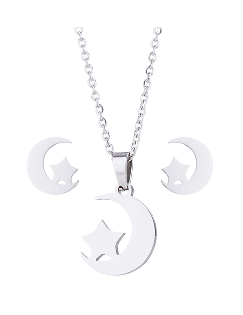 Fashion Silver Color Stainless Steel Star And Moon Geometric Stud Earrings Necklace Set