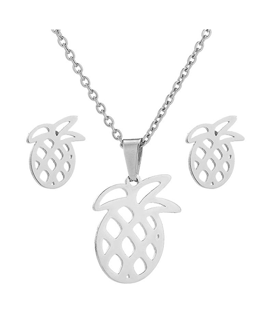 Fashion Silver Color Stainless Steel Hollow Pineapple Earring Necklace Set