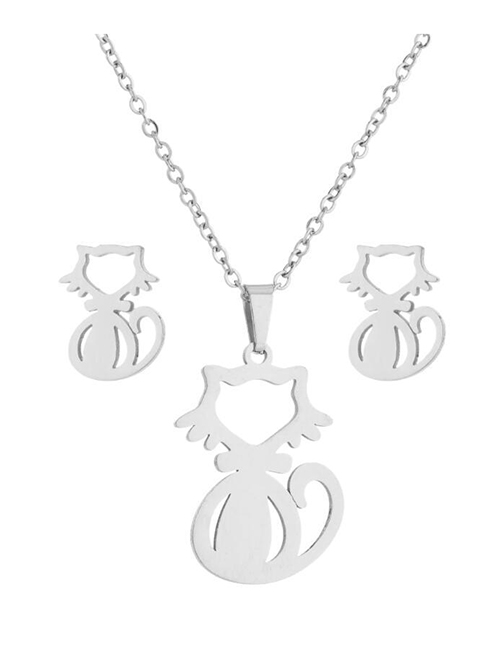 Fashion Steel Color Stainless Steel Cat Necklace And Earring Set