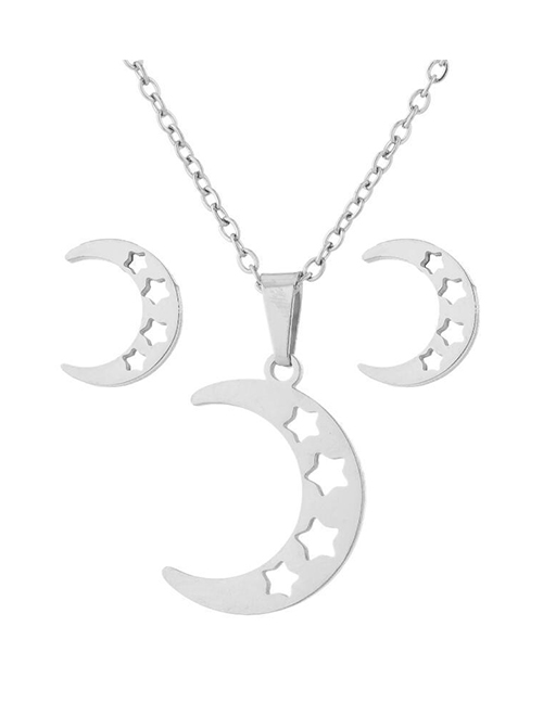 Fashion 1 Steel Color Stainless Steel Star And Moon Earrings Necklace Set