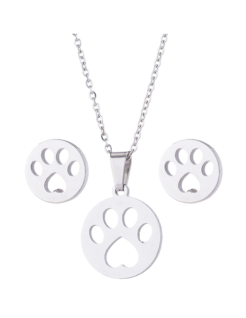 Fashion Steel Color Stainless Steel Bear Paw Necklace And Earrings Set