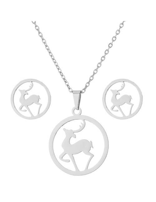 Fashion Steel Color Christmas Stainless Steel Elk Earrings And Necklace Set