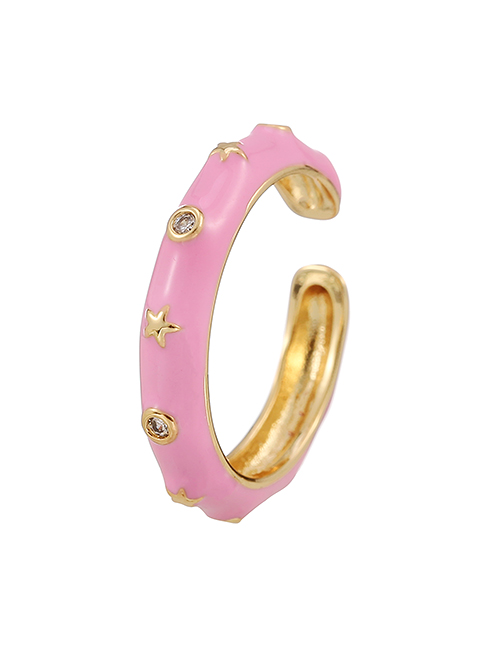 Fashion Pink Copper Inlaid Zirconium Drop Oil Star Ring