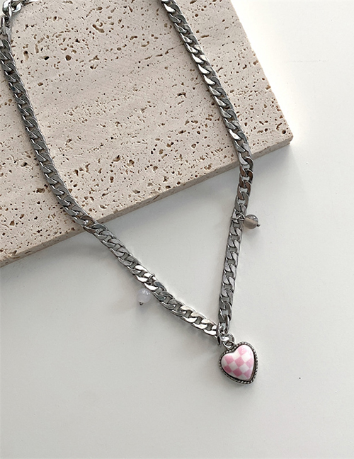 Fashion Pink Titanium Steel Checkerboard Love Necklace