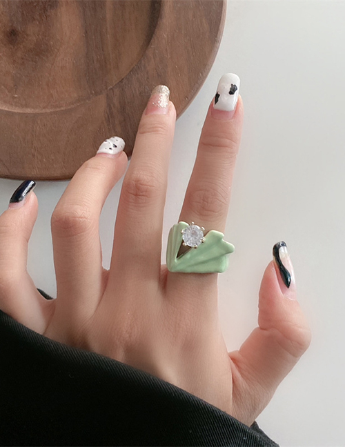 Fashion Cream Green With Diamonds Irregular Drip Glaze Open Ring