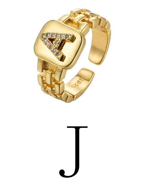 Fashion Gold Coloren J Copper Strap 26 Letters Open Ring