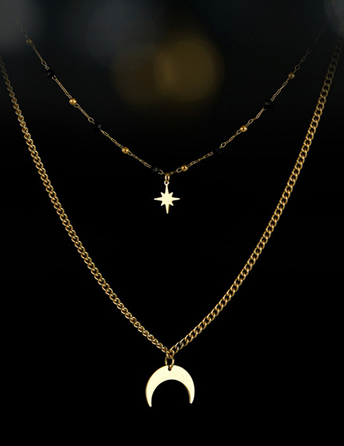 Fashion 1# Titanium Steel Moon Cross Compass Double Layer Necklace
