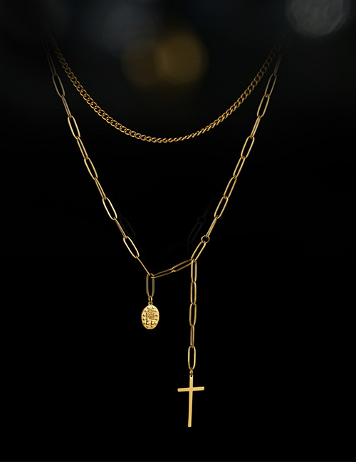 Fashion 4# Titanium Steel Moon Cross Compass Double Layer Necklace