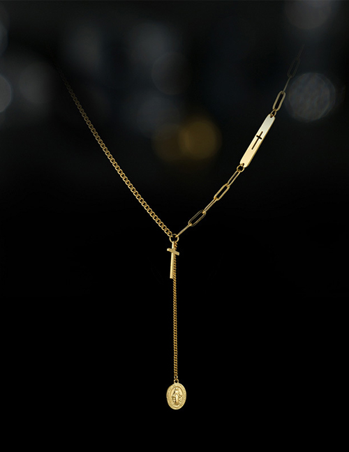 Fashion 5# Titanium Steel Moon Cross Compass Double Layer Necklace