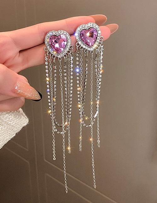 Fashion Silver Color Alloy Diamond Love Heart Tassel Earrings