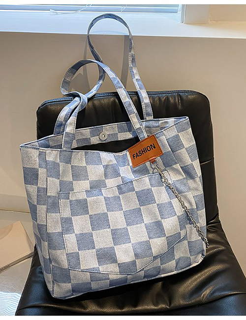 Fashion Light Blue Large-capacity Check Shoulder Bag