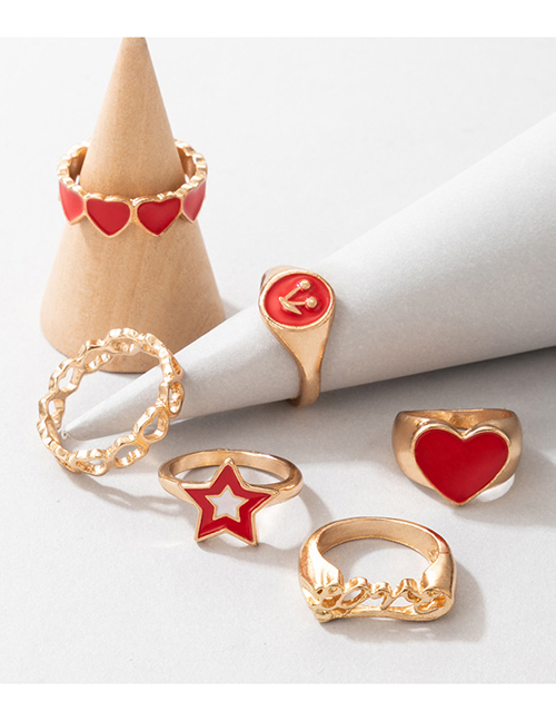 Fashion Gold Alloy Drop Oil Love Five-pointed Star Geometric Ring Set