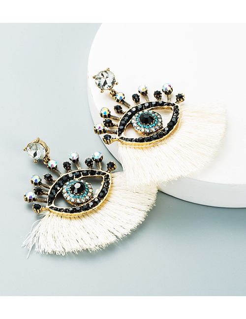 Fashion White Alloy Diamond Eye Tassel Stud Earrings