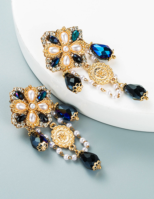 Fashion Purple Alloy Diamond Pearl Flower Tassel Earrings