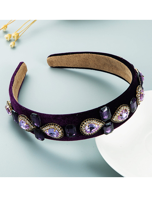 Fashion Purple Gold Velvet Glass Diamond Wide-brimmed Headband