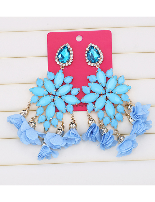 Fashion Solid Blue Flower Tassel Fancy Diamond Geometric Earrings