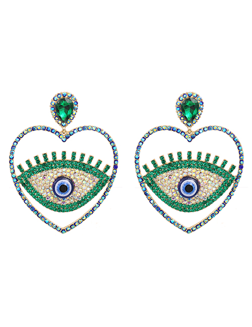 Fashion Green Alloy Diamond Heart Hollow Eye Stud Earrings