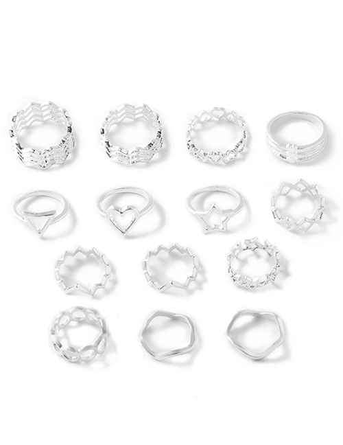 Fashion Silver Alloy Peach Heart Five-pointed Star Multi-layer Geometric Ring Set Of 14