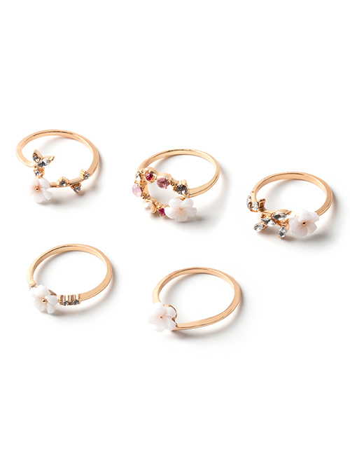 Fashion Gold Alloy Crystal Flower Ring Set Of 5