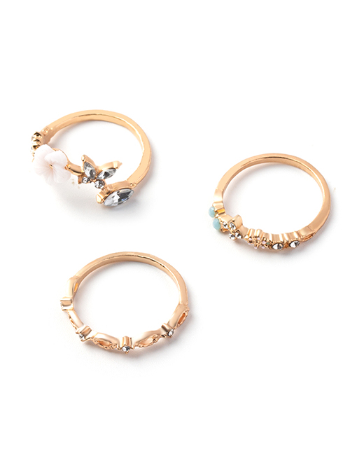 Fashion Gold 3 Alloy Crystal Flower Geometric Ring Set