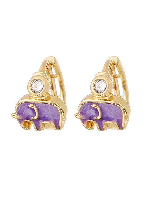 Fashion Purple Copper Inlaid Zircon Oil Dripping Elephant Earrings
