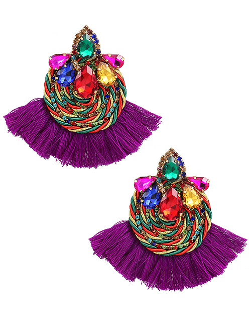 Fashion Purple Alloy Colored Diamond Braided Tassel Earrings