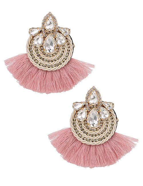 Fashion Pink Alloy Diamond Braided Tassel Stud Earrings