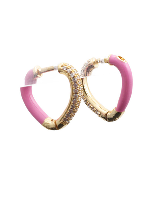 Fashion Pink Copper Inlaid Zirconium Drop Oil Heart-shaped Earrings