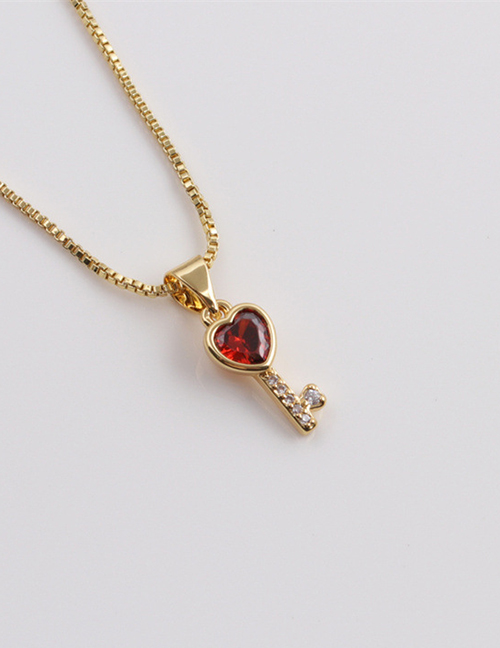 Fashion Crimson Copper Plated Real Gold Crystal Heart-shaped Key Necklace